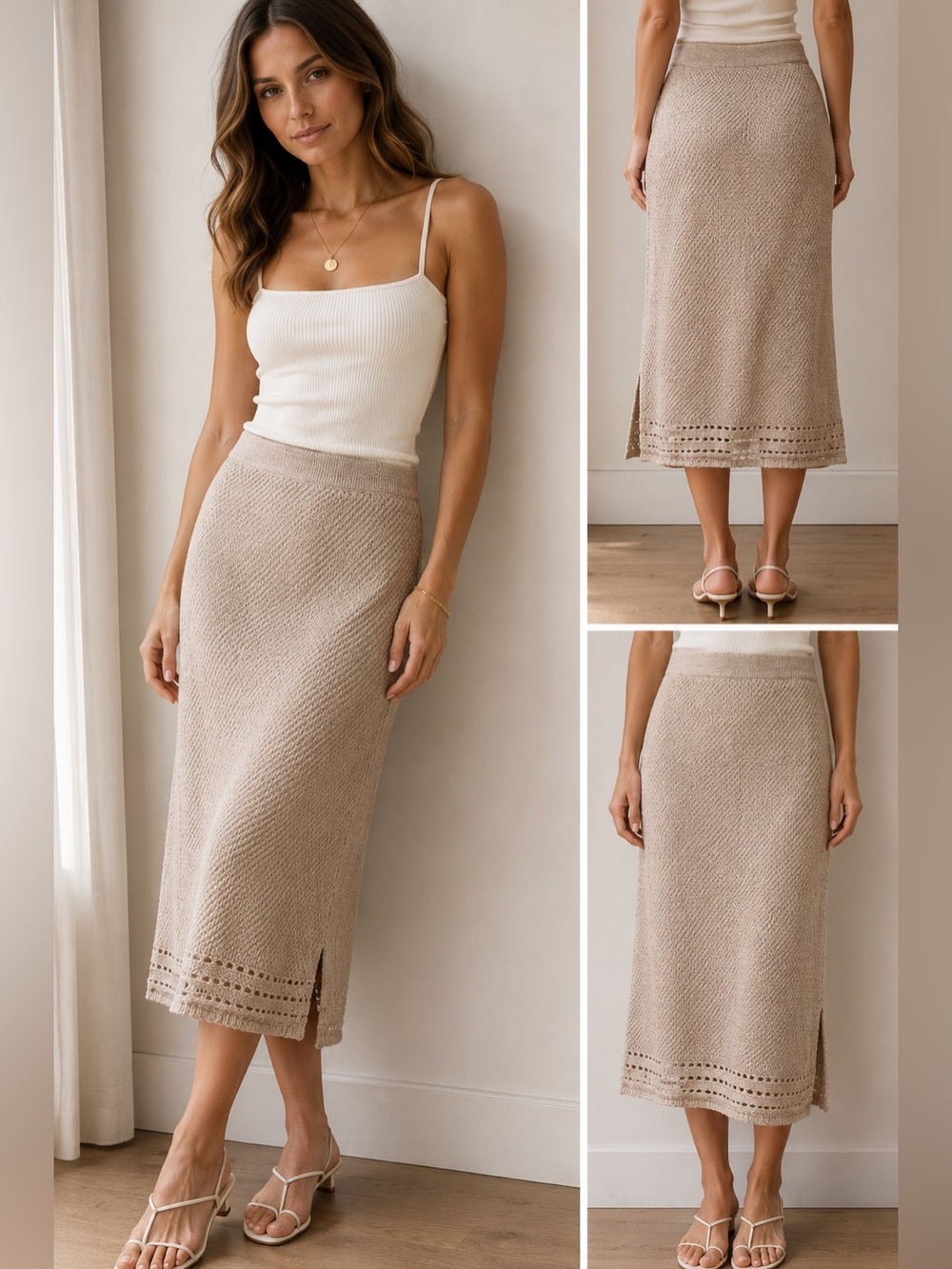 Jaclyn Smith Beige Knit Midi Skirt with Decorative Hem